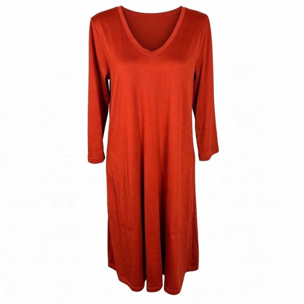 Wool& Wooland Womens Medium Long V-Neck Dress Merino Wool Rust Red 3/4 Sleeve